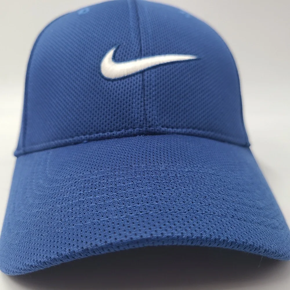 Nike Hat Fitted (Seems‎ S-M) Blue White Fit Dry Swoosh Logo Jersey Mesh Casual
